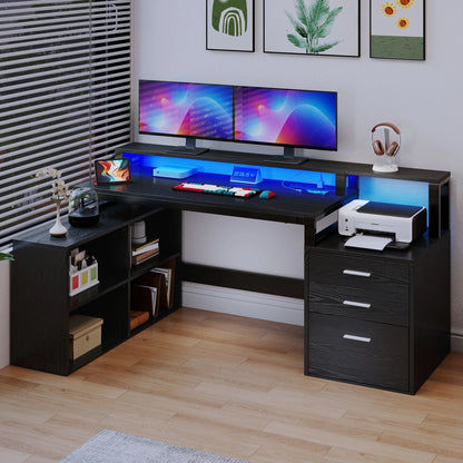 Dextrus 65" L Shaped Desk with Power Outlets and Monitor Stand , Computer Desk with LED Light &File Cabinet, Corner Desk with 3 Drawers & 4 Open Storage Shelves, Modern Home Office Desk, White
