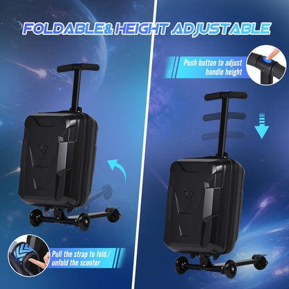 Advwin Ride-On Scooter Suitcase with LED Light-up Wheels, Hardshell Lightweight Foldable Rideable Luggage for Kids & Adults, Silver