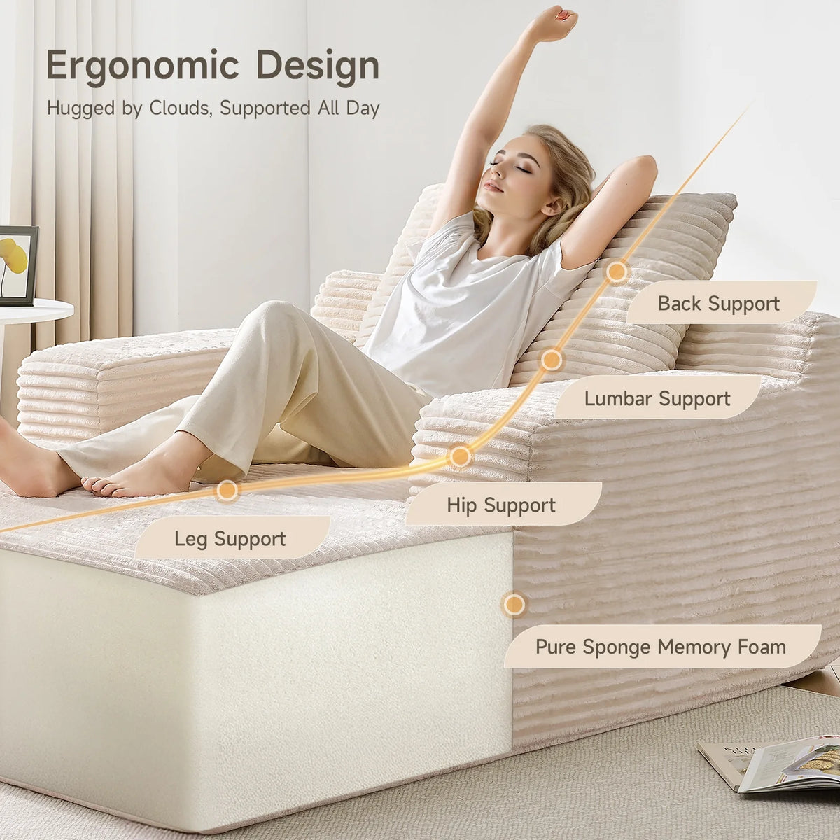 65" Corduroy Cloud Sleeper Chaise Lounge Chair, No Assembly Sofa Bed with Pillows, Beige