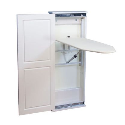 Household Essentials Iron a??n Fold Wall Ironing Board Cabinet, Built-In Ironing Board, Sturdy MDF, Melamine Cabinet, 7 Height Settings, Mounts Securely to Wall, Includes Pad with Cover, White