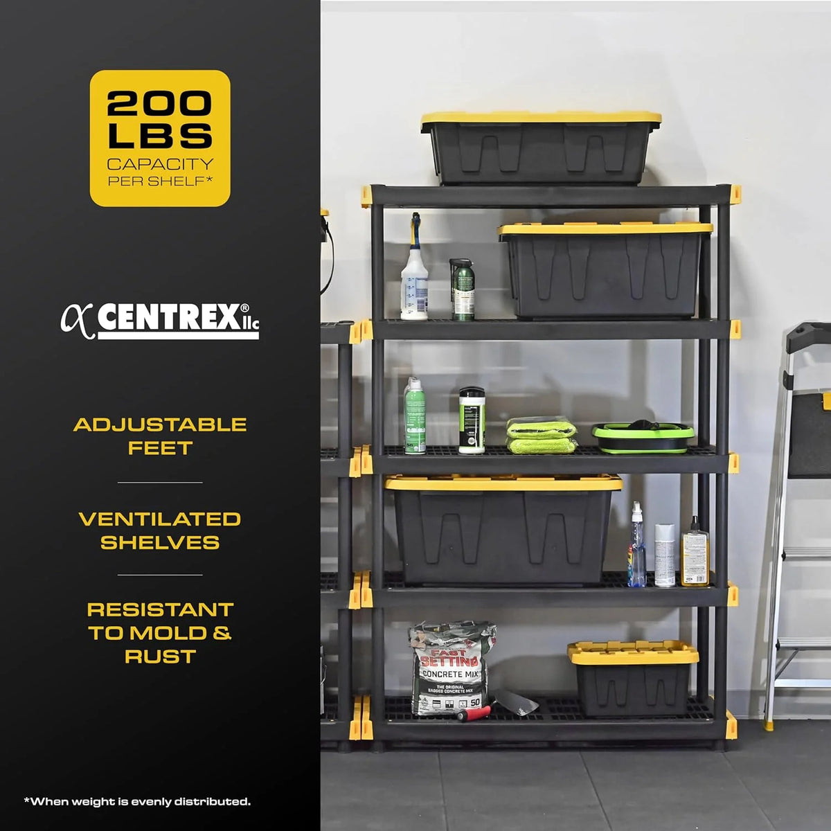 Black & Yellow, 5-Tier Heavy Duty Plastic Storage Shelving Unit, 200lbs/shelf (72��H x 48��W x 20��D), for Indoor/Outdoor Organization, Modular Rack