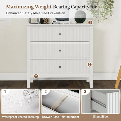 May Color Large White 3 Drawer Dresser Set of 2 with Fluted Panel, Modern Chest of Drawers with Silent Slide Drawers, Wood Accent Nightstand with Storage for Bedroom Living Room, Hallway