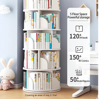 Rotating Bookshelf Tower, 4/5 Tier Circular Bookcase for Kids&Adults, Wood 360�� Floor Standing Book Storage Rack, Spinning Bookshelfs Tower for Classroom Playroom Study Bedroom