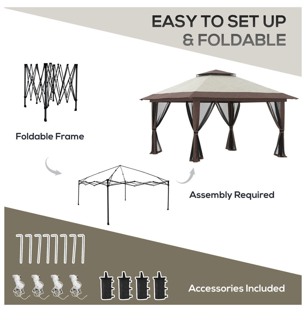 Pop Up Gazebo 13x13ft - Beige Patio Canopy Tent with Mesh Walls