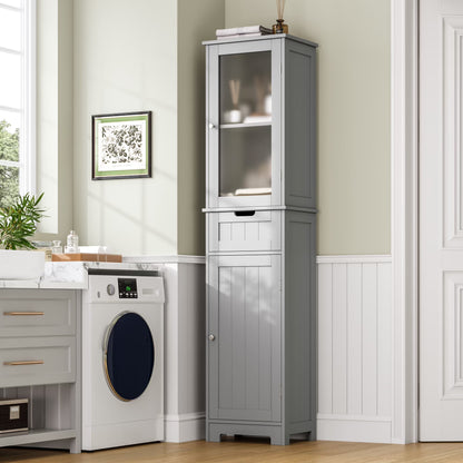 Homfa Bathroom Storage Tower, Narrow Linen Cabinet with Door and Drawers, Tall Bathroom Storage Cabinet for Small Spaces, White