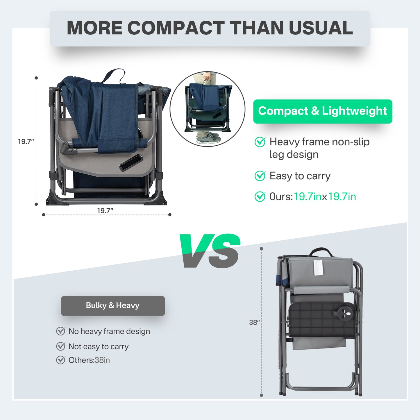TIMBER RIDGE Portable Director Chair, Heavy Duty Camping Folding Chair with Compact Size with Side Pocket and Side Table, Support 400 lbs, Grey