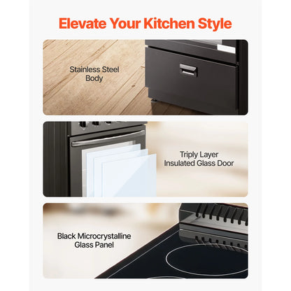 KFFKFF 24-inch Electric Range Oven, 2.7 Cu. Ft. Compact Freestanding Design, Stainless Steel Finish, Features 4 Burners, Adjustable Racks, Storage Drawer, Drip Pan, and Indicator Light, Black