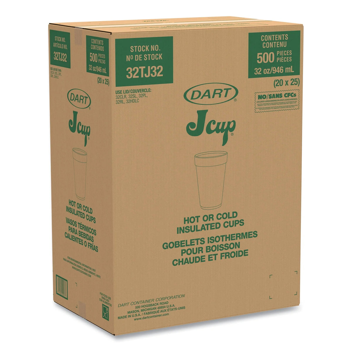 Dart Foam Drink Cups, 32oz, White, 25/Bag, 20 Bags/Carton -DCC32TJ32