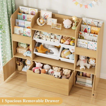 Hiphuta Kids Bookcase Toy Storage Organizer, Wooden Toy Organizer of 4 Bins& 2 Removable Drawers for Home Bedroom, Kids Bookshelf Toy Box with Book Rack, White