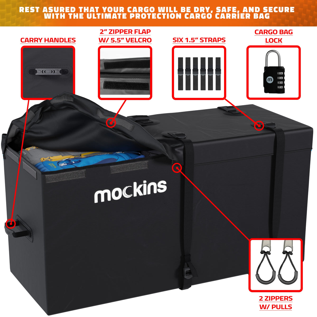 Mockins XL Trailer Hitch Cargo Carrier Hitch Mount | 500 lbs. Hitch Basket Capacity - 60"x24"x6" | 25 Cu. Ft. Bag & Accessories