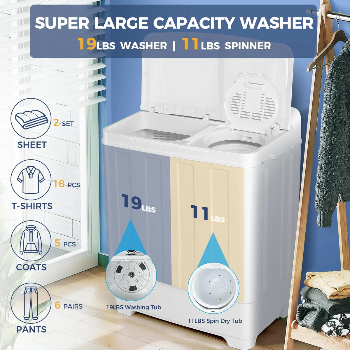 Qhomic Portable Washer 30lbs, 2-in-1 Twin Tub Washer & Dryer Combo Compact Semi-Automatic Washing Machine with Drain Pump, Black