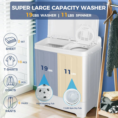 Qhomic Portable Washer 30lbs, 2-in-1 Twin Tub Washer & Dryer Combo Compact Semi-Automatic Washing Machine with Drain Pump, Black