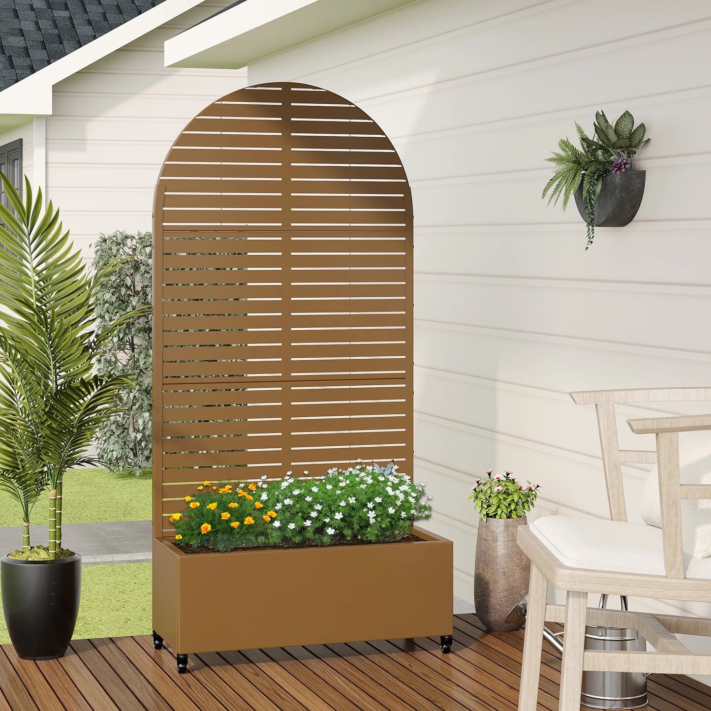 MAYEERTY 47*16*47"Outdoor White Metal Planter with Rect Louvered Climbing Trellis, Drainage hole & Wheels