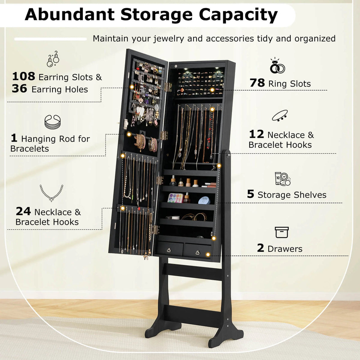 Costway Contemporary MDF Jewelry Cabinet with LED Lights in Brown