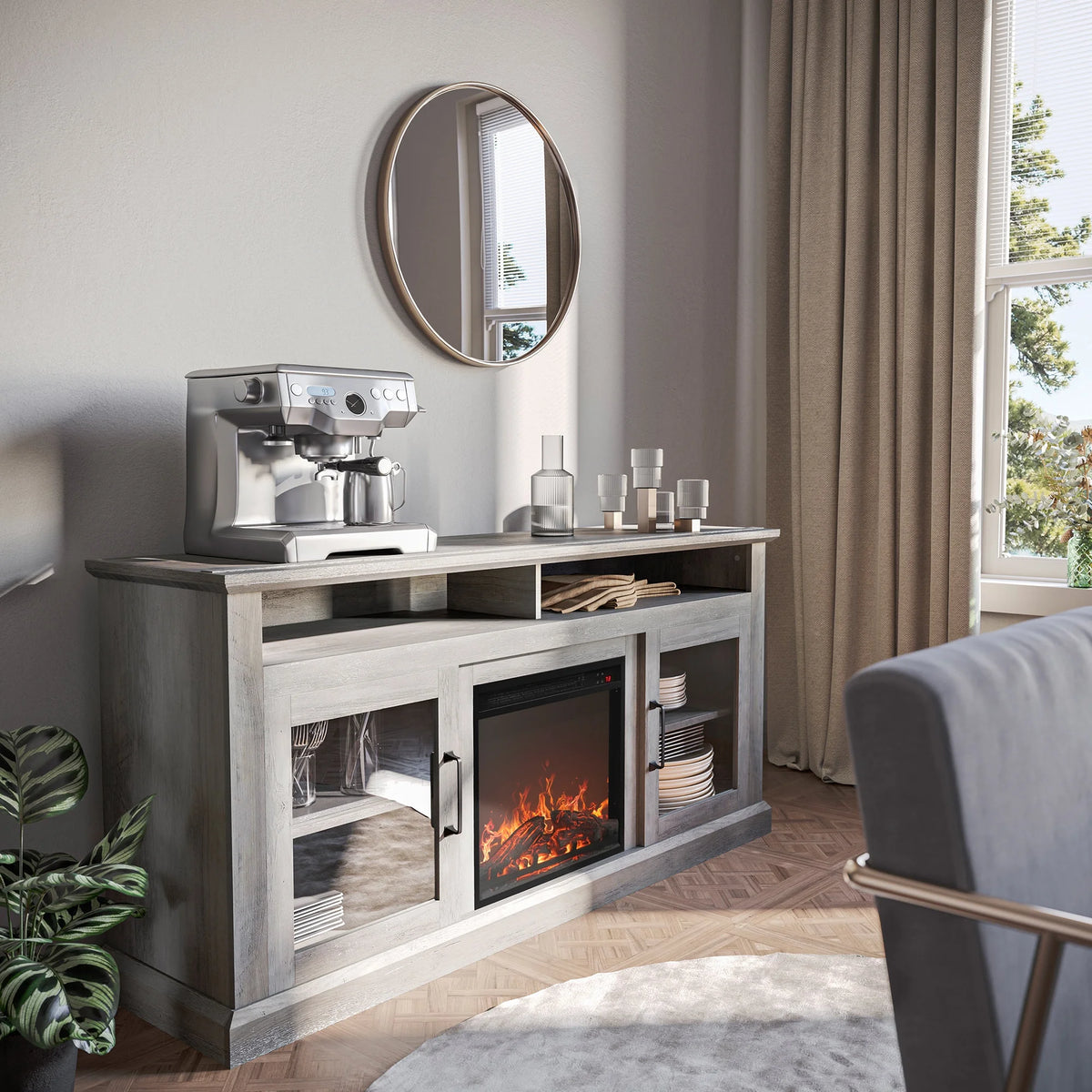 BELLEZE 60" TV Stand with 18" Electric Fireplace, Traditional TV Stand for TVs up to 65", Modern Media Entertainment Center Console Table with Open Storage Shelves & Cabinets - Cayman (Rustic Grey)