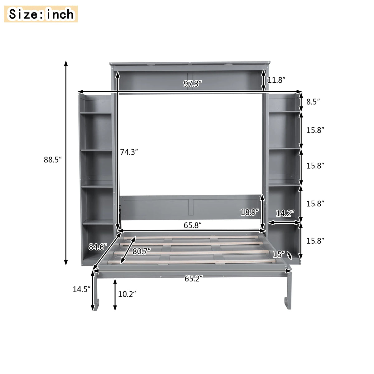 Aukfa Queen Size Murphy Bed with 5-Tier Storage Shelf & LED Lights, Foldable Wall Bed Cabinet with Mattress Support, Space-Saving Design for Guest Room/Home Office, Gray