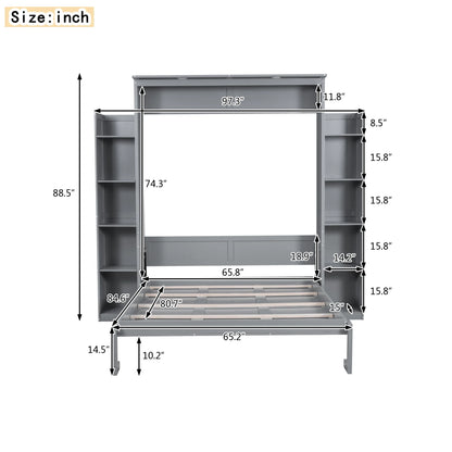 Aukfa Queen Size Murphy Bed with 5-Tier Storage Shelf & LED Lights, Foldable Wall Bed Cabinet with Mattress Support, Space-Saving Design for Guest Room/Home Office, Gray