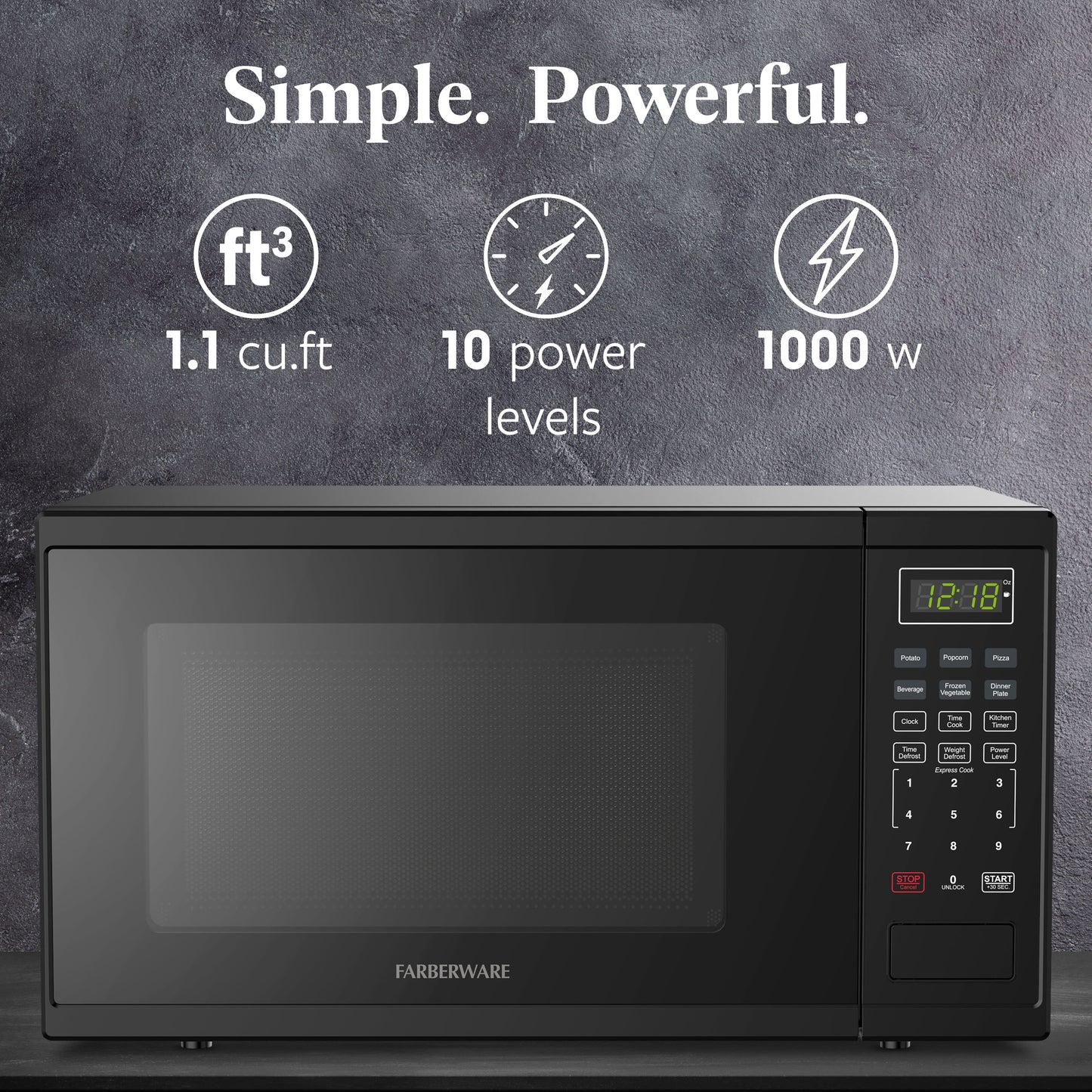 Farberware FMGZ09BKA 0.9 Cu. Ft. Microwave Oven, 900W, Digital Control, LED Display, 6 Cooking Presets, Black