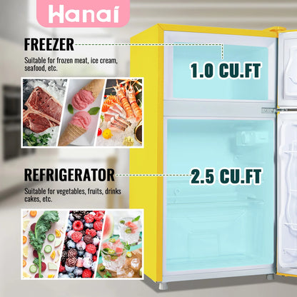 3.5 Cu.ft Compact Refrigerator WANAI Dual Doors Handles Mini Fridge with Top Freezer Blue New