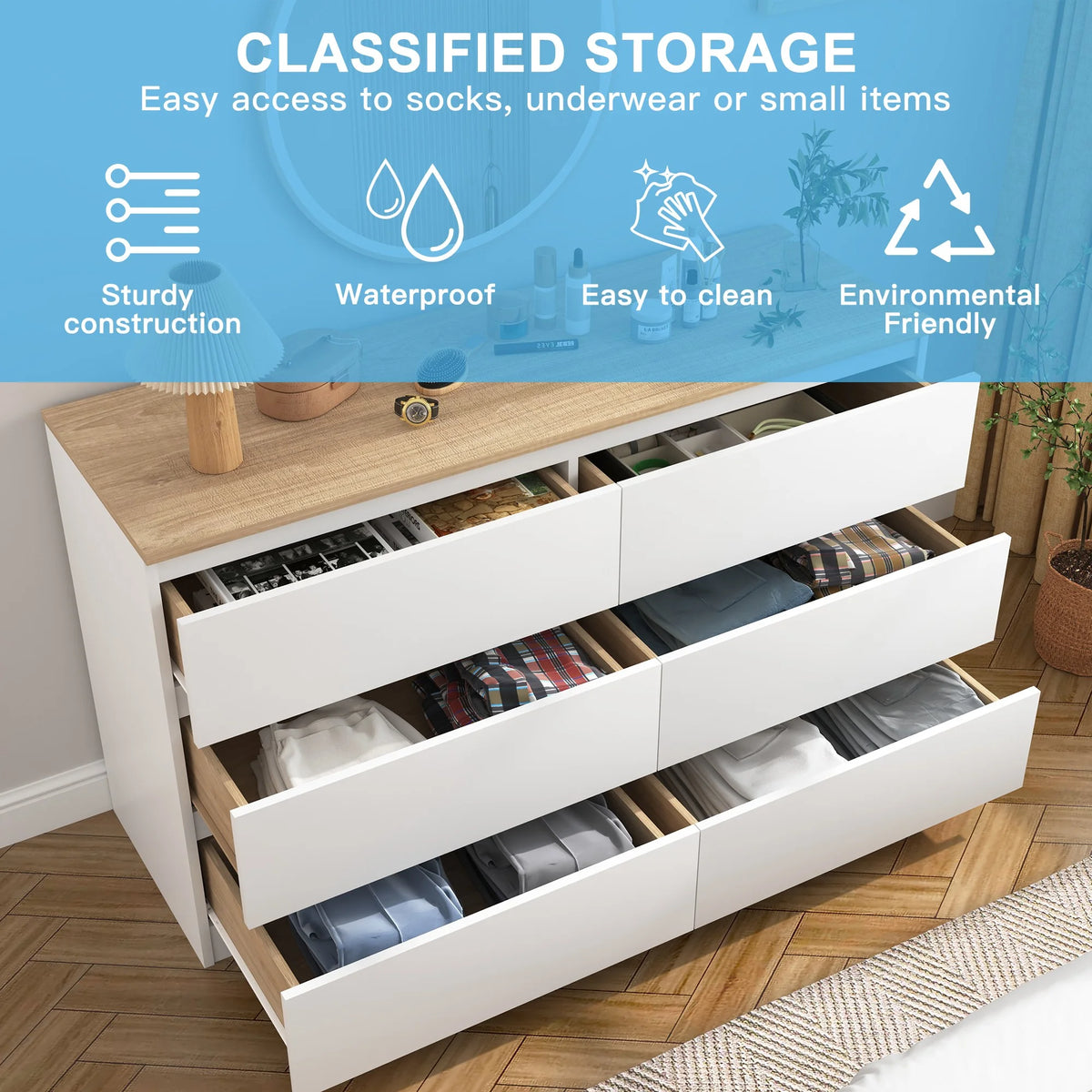 Resenkos Modern Mid Century 6 Drawer Wide Dressers Chests for Bedroom, Chest of Drawer Organizer Grey