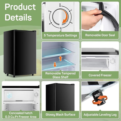 Mini Fridge for Bedroom 3.2 Cu.Ft Small Refrigerator with Freezer for Dorm Office, Compact Single Door Adjustable Thermostat Low Noise,Black