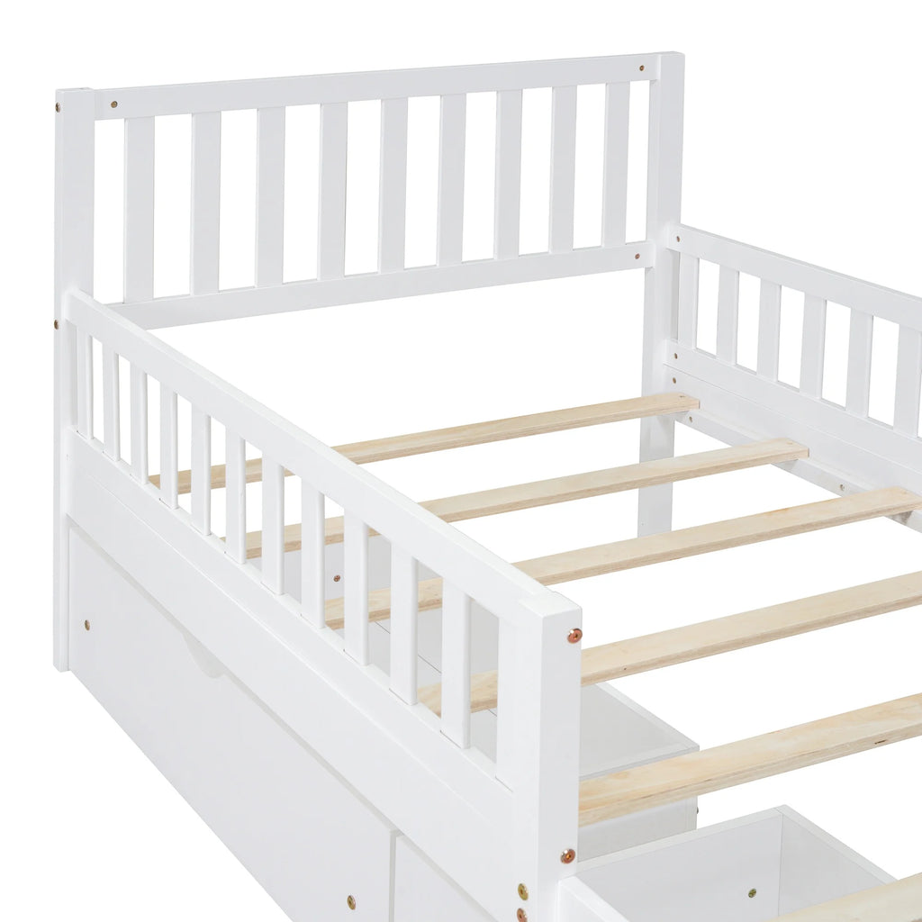 Bellemave Twin Bed with Storage Drawers and Fence Rails, Wood Platform Beds Frame with Headboard, Twin Size Storage Bed for Kids Boys Girls Teens��White)