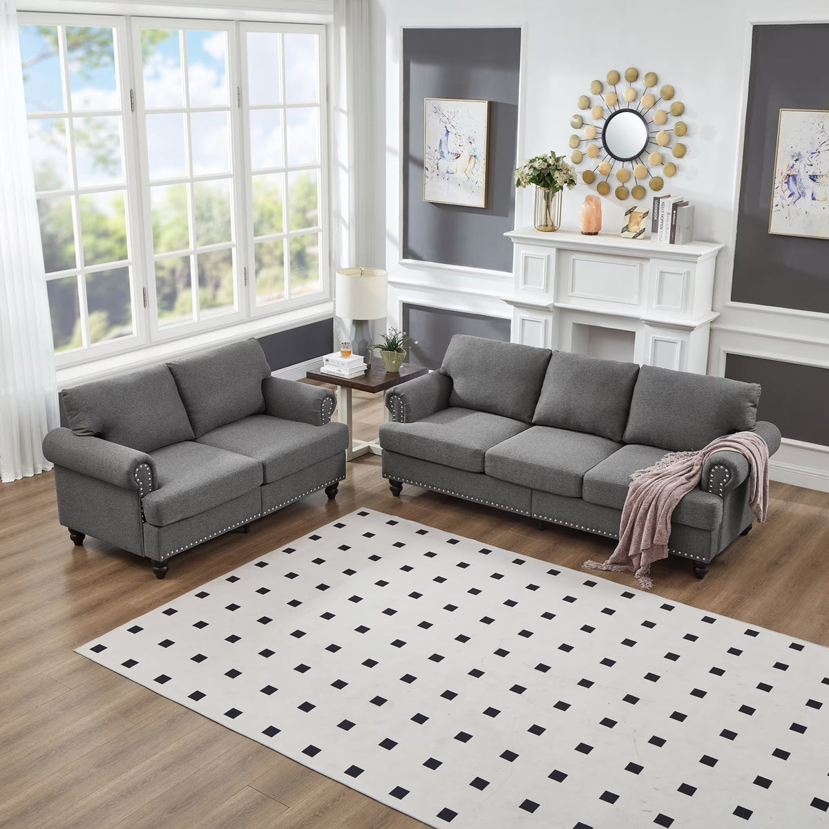 2 Piece Living Room Sofa Set, Modern Leather 3 Seater and Loveseat Sofa with Storage Seats and Rolled Nails Arms for Living Room, Brown