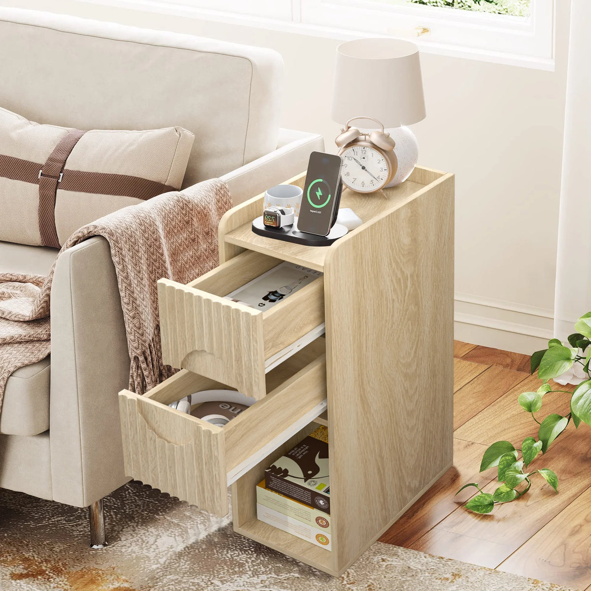 Narrow Nightstand Set of 2 with Drawers, Fluted Slim Side End Table with Storage for Small Spaces