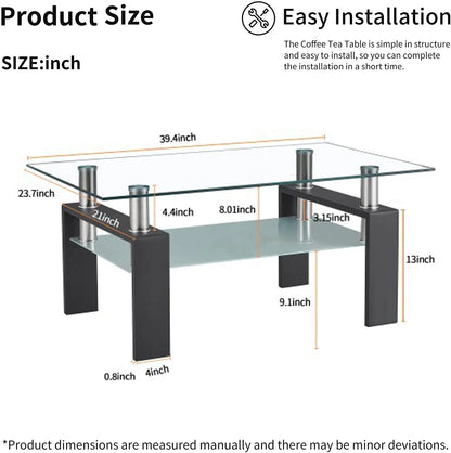 Glass Coffee Table with Lower Shelf, Clear Rectangle Glass Coffee Table, Modern Coffee Table with Metal Legs, Rectangle Center Table Sofa Table Home Furniture for Living Room, L5509