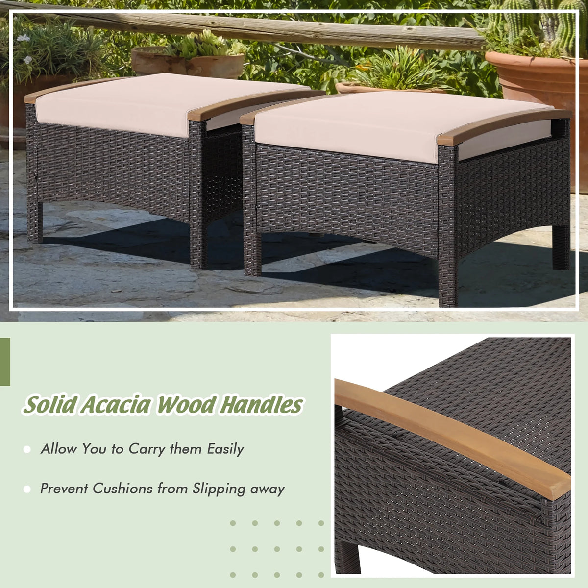 Costway Set of 2 Patio Rattan Ottoman Footrest Cushions Wooden Handle Beige