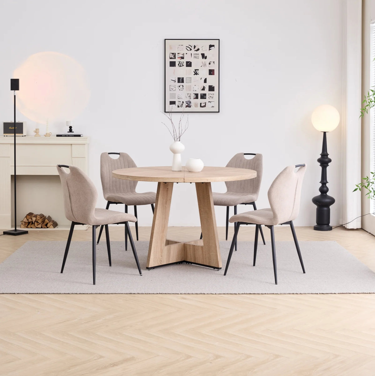 5 Piece 47'' Round Dining Table Chairs Set for 4, Farmhouse Gray Kitchen Table with 4 Boucle Mid Century Modern Dinning Room Chairs, Wood Dinner Table &Upholstered Chair Set of 4, Beige