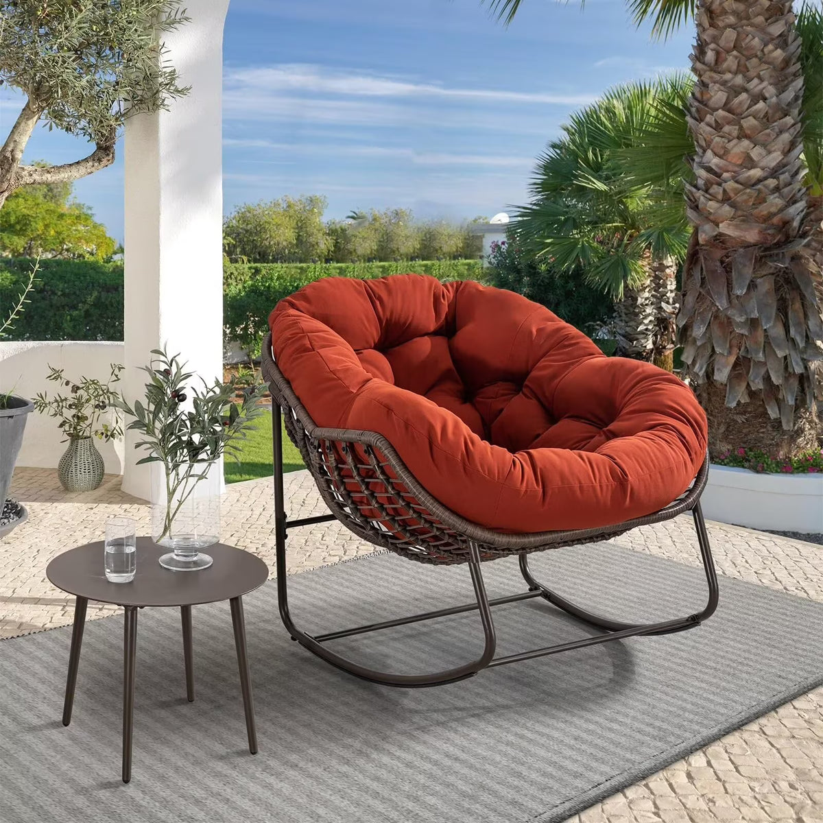 Outdoor Papasan Rocking Chair, Patio Oversized Wicker Egg Rocking Chair, Indoor & Outdoor Comfy Rocker Chair with Thick Cushion, Modern Lounge Chair for Front Porch, Garden, Backyard, Grey