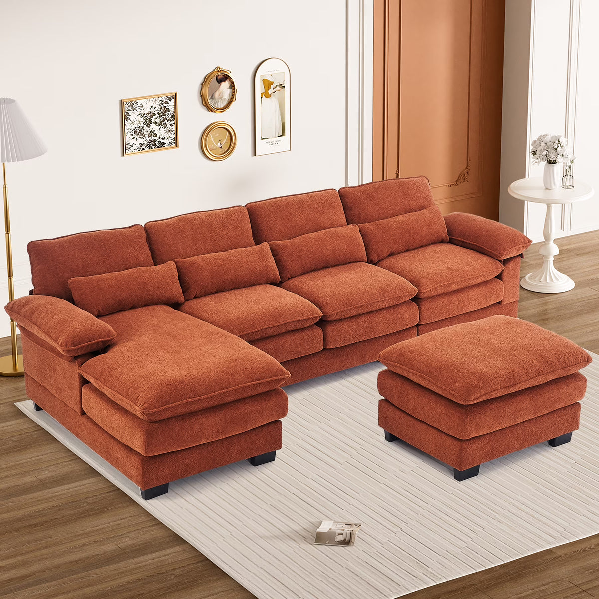 Rophefx 114.3" U Shaped Sectional Couches for Living Room,Cloud Couch,4 Seats Chenille Couch with Double Layer Cushion,Orange