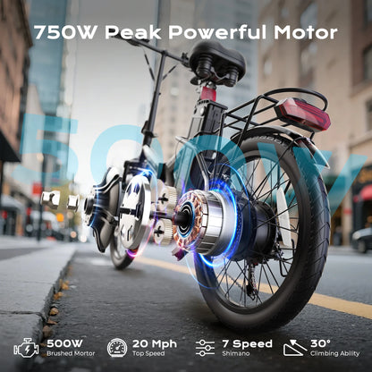 AIRWEST 20" Foldable Electric Bike for Adults, Compact Commuter eBike with 500W Motor 750W Peak, Removable 48V 7.8Ah Battery, 50 Miles PAS Range, 20MPH, UL Certified Folding Electric Bicycle
