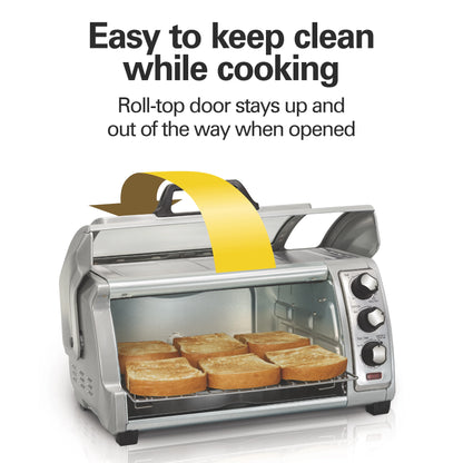 Hamilton Beach 6 Slice Countertop Toaster Oven with Easy Reach Roll-Top Door, Bake, Broil & Toast Functions, Silver