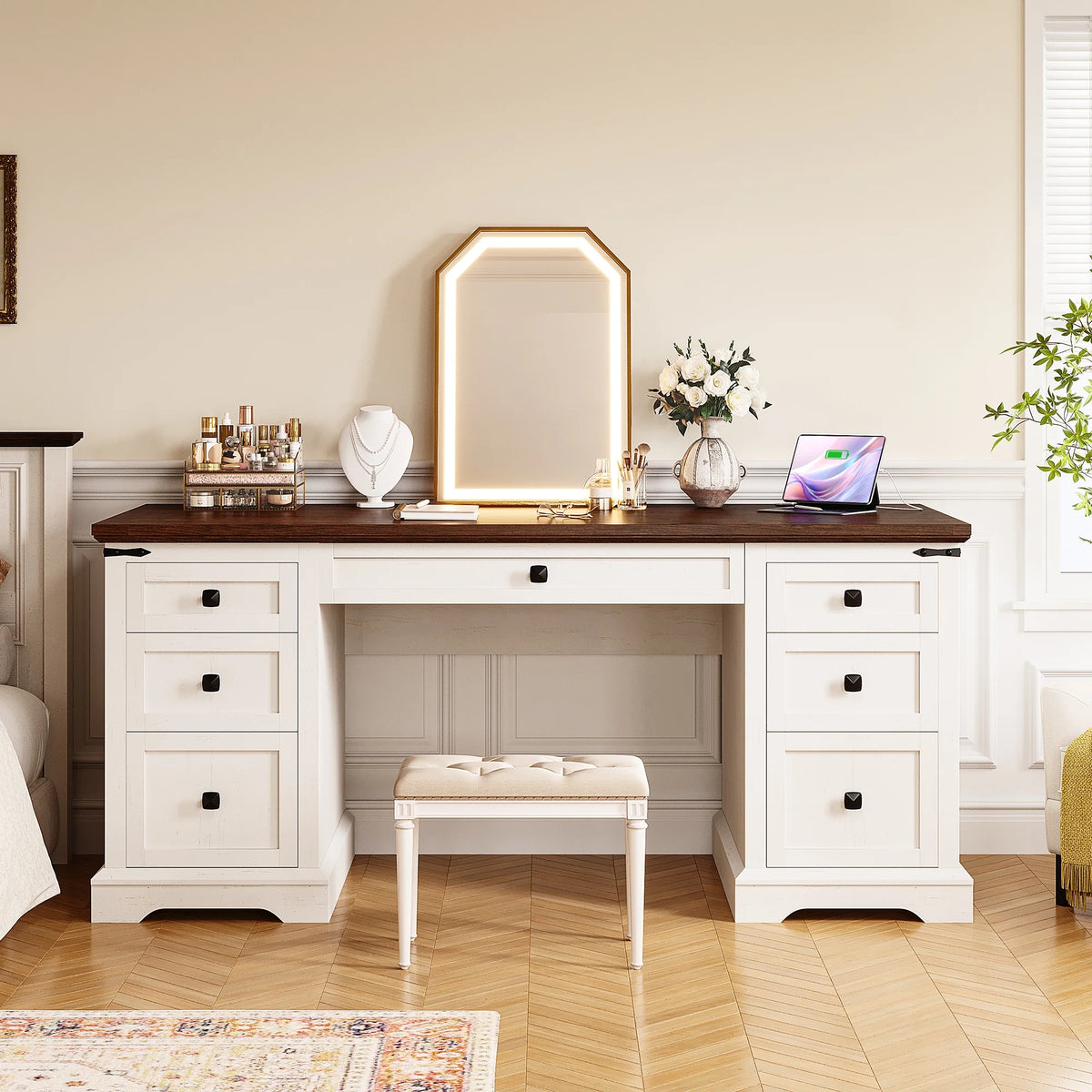 EnHomee Farmhouse Desk with Drawers, Wood Home Office Desk with Charging Station, Antique White