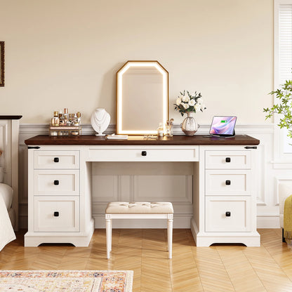 EnHomee Farmhouse Desk with Drawers, Wood Home Office Desk with Charging Station, Antique White