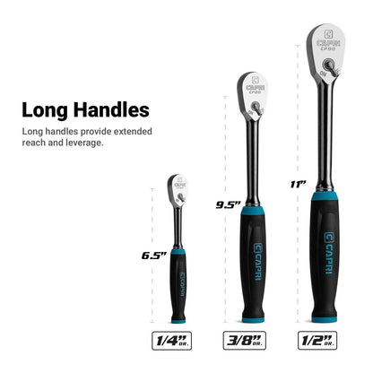 Capri Tools Fine 90-Tooth Ratchet Set, Ergonomic Soft Grip, 1/4, 3/8, 1/2 in. Drive, 3-Piece