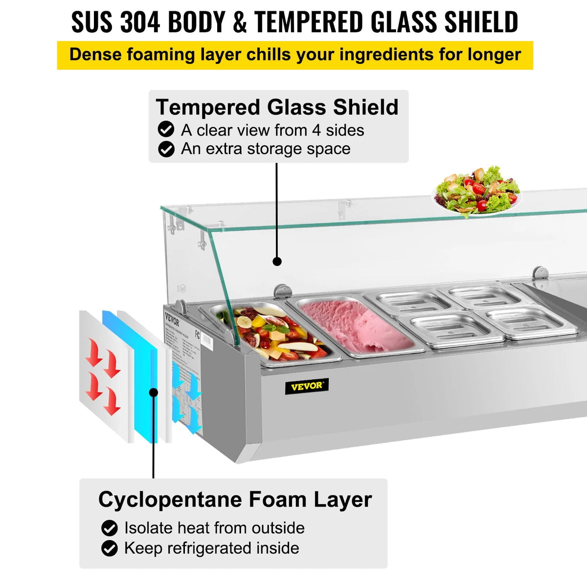 Refrigerated Condiment Prep Station, 48-inch, 10.8Qt Sandwich / Salad Prep Table w/ 3 1/3 Pans & 4 1/6 Pans, 146W Salad Bar w/ 304 Stainless Body Tempered Glass Shield Digital Panel Auto Defrost