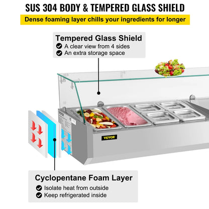 Refrigerated Condiment Prep Station, 48-inch, 10.8Qt Sandwich / Salad Prep Table w/ 3 1/3 Pans & 4 1/6 Pans, 146W Salad Bar w/ 304 Stainless Body Tempered Glass Shield Digital Panel Auto Defrost