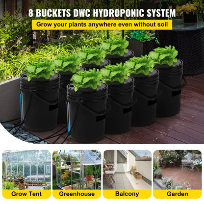 KFFKFF DWC Hydroponic System, 5 Gallon 8 Buckets, Deep Water Culture Growing Bucket, Hydroponics Grow Kit with Pump, Air Stone and Water Level Device, for Indoor/Outdoor Leafy Vegetables
