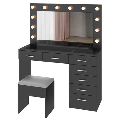Ktaxon Large Makeup Vanity, Vanity Table Set w/ Visible Glass Top w/ Charging Station, White