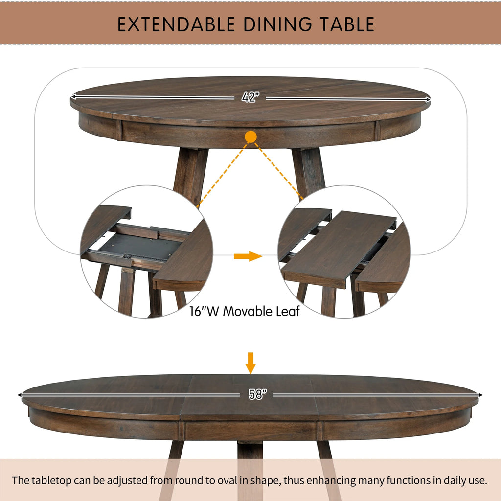 Harper & Bright Designs Round Extendable Dining Table Set for 4, 5 Piece Farmhouse Wood Dining Table Set with 4 Upholstered Dining Chairs, Natural Wood Wash