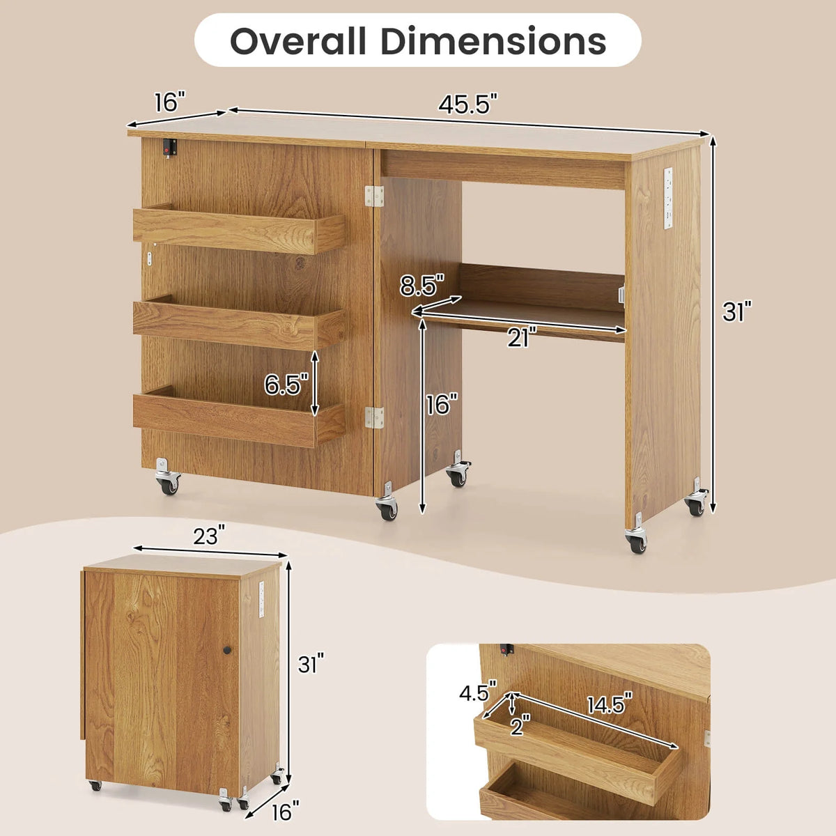 Costway Folding Sewing Table Rolling Craft Station with 3 Storage Bins & Charging Station Natural
