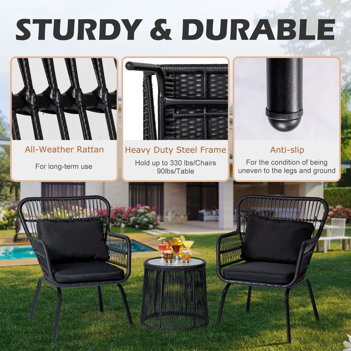 Tappio 3-Piece Patio Conversation Bistro Set Rattan Furniture, Outdoor Patio Set w/Glass Top Table & Cushions for Garden Balcony Backyard Poolside, Yellow/Beige