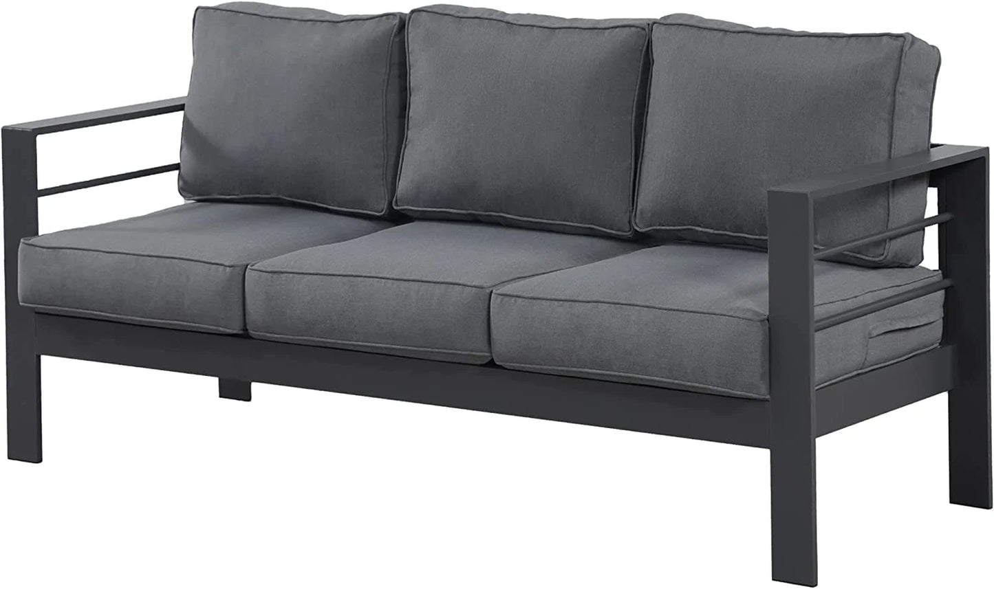 Superjoe Patio Furniture Aluminum Sofa All-Weather Outdoor 3 Seats Couch Gray Metal Chair with Dark Grey Cushions