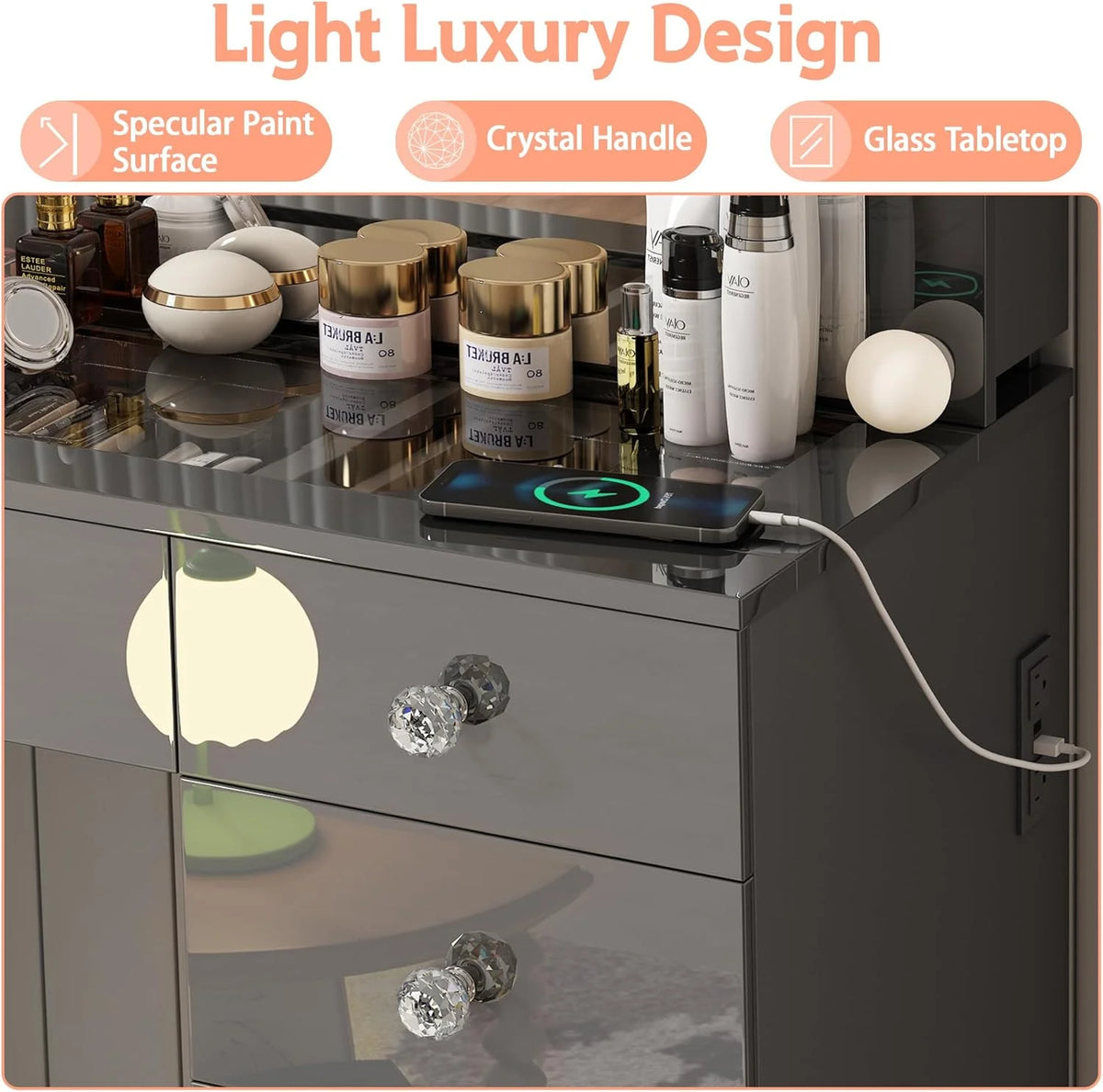 Vanity Desk with Power Outlet, Makeup Vanity with Mirror and 14 LED Light, 3 Lighting Modes,11 Drawer Vanity Table with Sliding Jewelry Storage, Glass Top, Specular Surface
