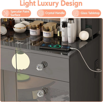 Vanity Desk with Power Outlet, Makeup Vanity with Mirror and 14 LED Light, 3 Lighting Modes,11 Drawer Vanity Table with Sliding Jewelry Storage, Glass Top, Specular Surface