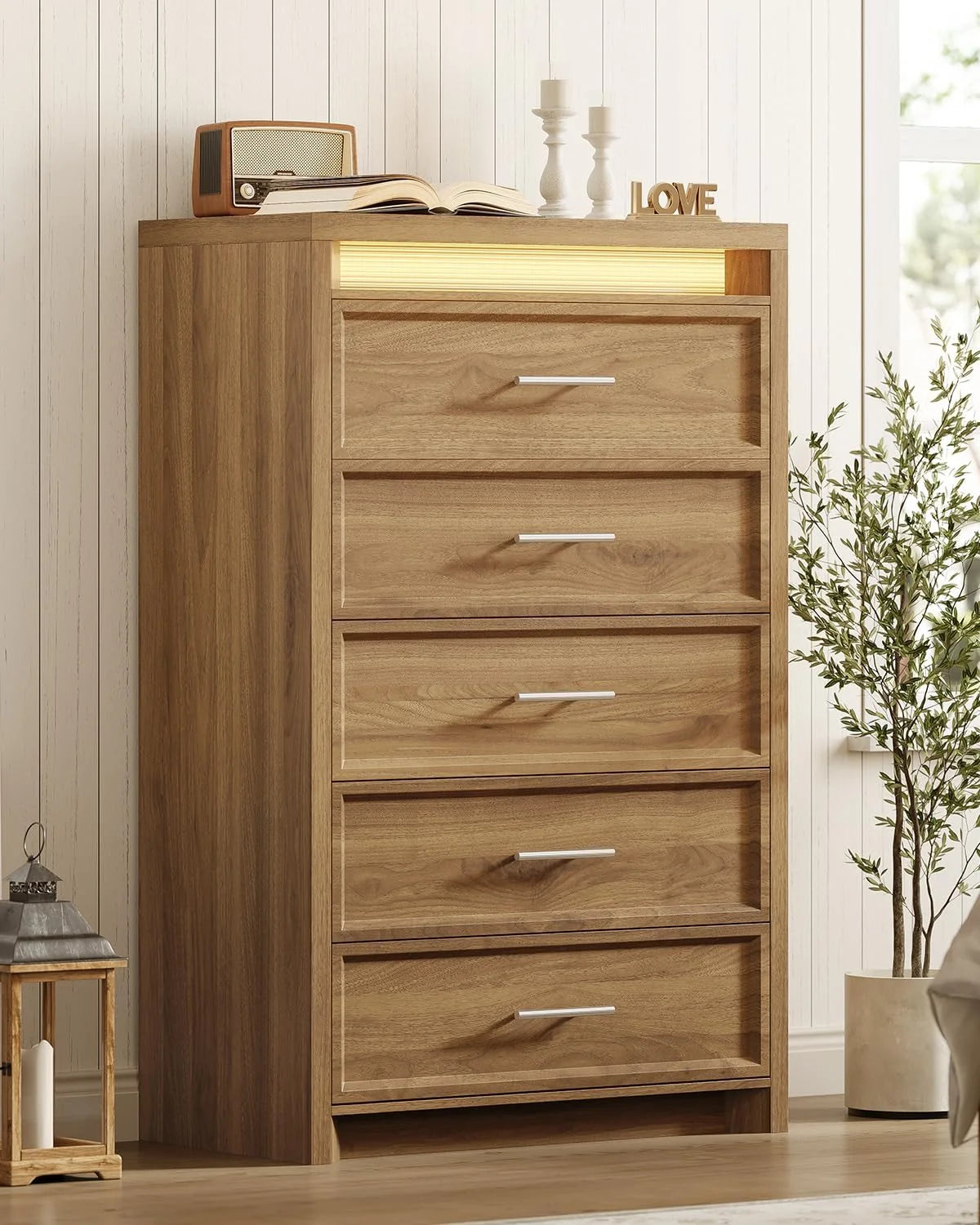 AOGLLATI Mid-Century Modern Dresser for Bedroom with 5 Drawer, Dressers& Chests of Drawers, 44.5�� Tall Wood Dresser with 3 Color Lights for Bedroom, Wood