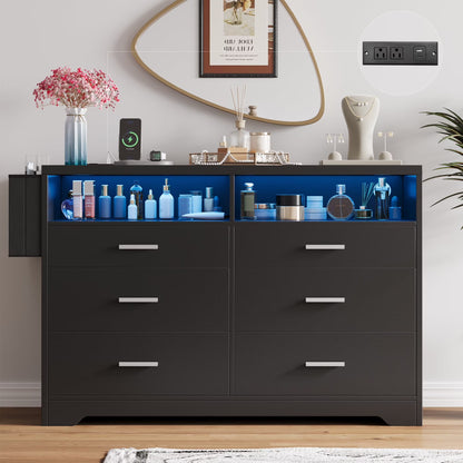 White Dresser for Bedroom,6 Drawers Dresserwith LED Lights and Charging Station, 47" Wide Bedroom Dresser Chest of Drawers Storage Organizer TV Stand for up to 55" TV for Living Room